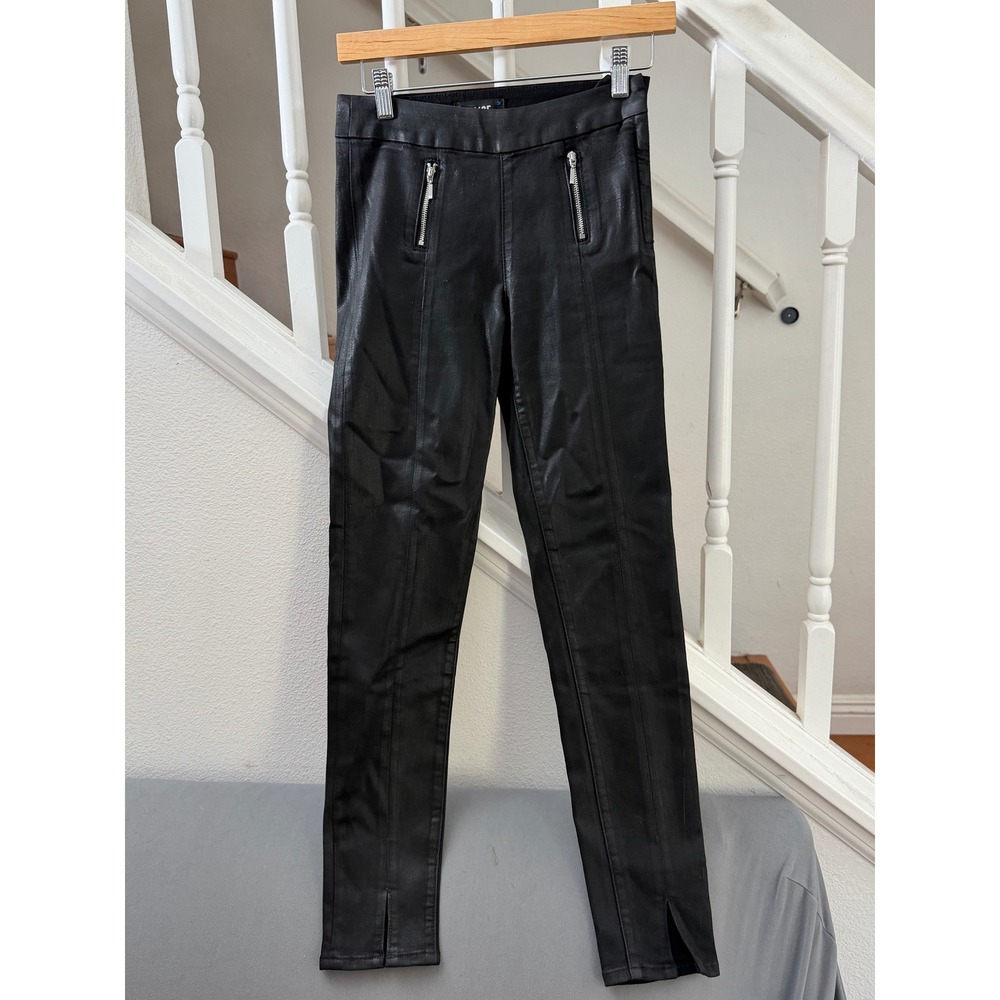 Paige Black Coated Skinny Pants High Rise Split Hem Front Zip Detail Size 24